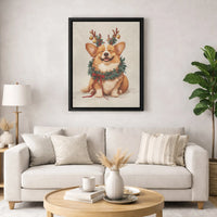 Holiday Puppy Reindeer Antlers Canvas Print, Christmas Corgi Canvas Wall Art, Adorable Dog Winter Wall Decor, Festive Xmas Dog Lover Canvas