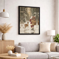 Winter Wonderland Canvas Print, Santa Claus with Reindeer Canvas Wall Art, Snowy Forest Holiday Wall Canvas, Christmas Home Decor Present