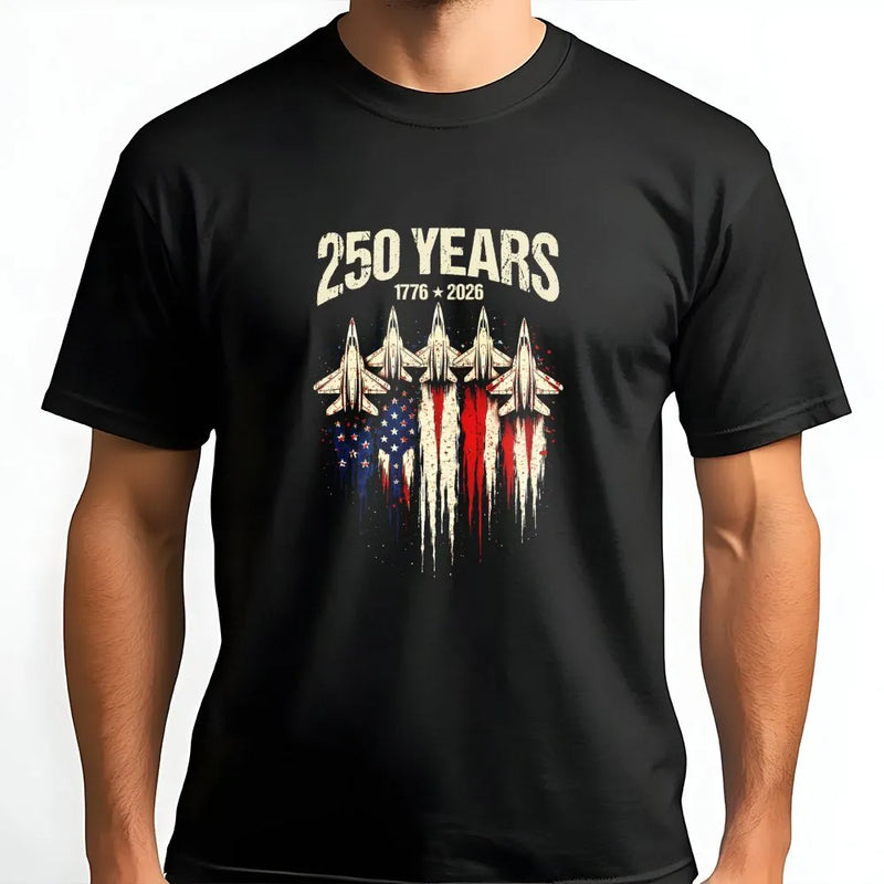 America 250 Years T-Shirt | Vintage Fighter Jet American Flag Graphic | Premium Cotton | Collector's 4th of July Gift for Patriots