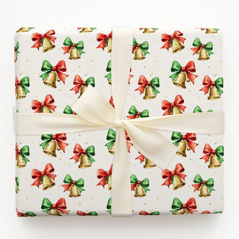 Jingle Bells Holiday Gift Wrap, Watercolor Christmas Bells Wrapping Paper, Festive Red Bow Wrapping Paper, Vintage Xmas Gift Wrapping Paper