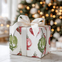 Red and Green Baubles Gift Wrap, Watercolor Christmas Ornament Wrapping Paper, Holiday Ornament Wrapping Paper, Festive Present Packaging Roll