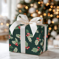 Dark Green Botanical Berry Gift Wrap, Christmas Holly Wrapping Paper, Traditional Winter Wrapping Paper, Festive Holiday Gift Wrap Roll