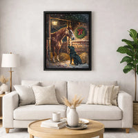 Snowy Barn Canvas Print, Horse and Black Labrador Christmas Canvas, Winter Farm Scene Wall Art, Holiday Dog Canvas Decor, Xmas Home Present