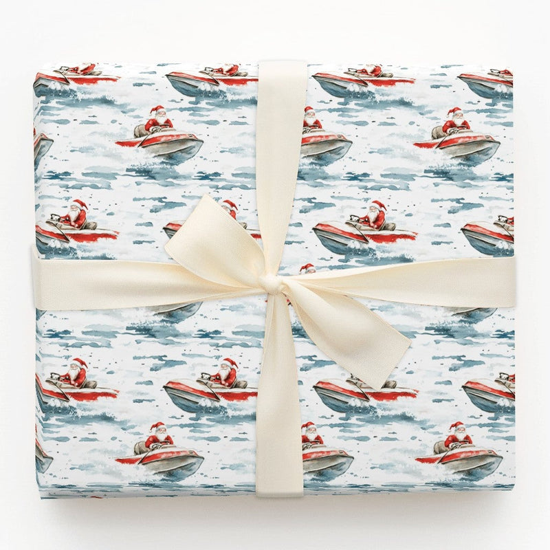Coastal Watercolor Holiday Gift Wrap, Jet Ski Santa Christmas Wrapping Paper, Ocean Santa Wrapping Paper, Beach Lover Christmas Gift Wrap
