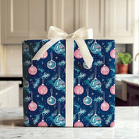 Retro Holiday Gift Wrap Roll, Pink Disco Ball Christmas Wrapping Paper, Navy Blue Pine Ornament Present Paper, Groovy Festive Gift Wrapping