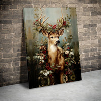 Winter Floral Deer Wall Art, Christmas Deer Canvas Print, Pine Cone Deer Canvas Art, Holiday Wildlife Wall Decor, Rustic Deer Wall Print