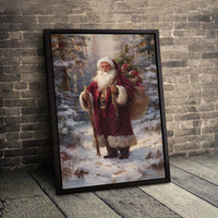 Snowy Forest Christmas Painting, Vintage Santa Claus Canvas Wall Art, Santa Claus Canvas Print, Holiday Forest Canvas Art, Christmas Present