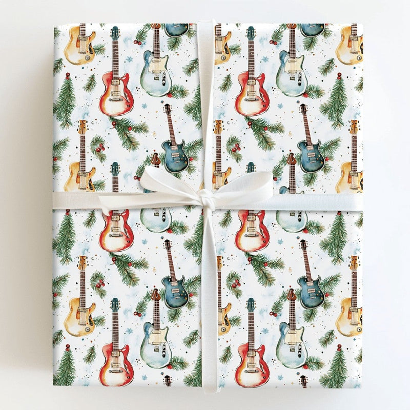 Watercolor Rock Music Gift Wrap, Electric Guitar Christmas Wrapping Paper, Holiday Musician Present Wrap, Winter Pine Guitar Gift Wrap Roll