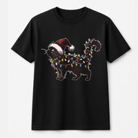 Humorous Holiday Kitten Graphic Tee, Black Cat Christmas Lights T-Shirt, Xmas Cat Lover Shirt, Adorable Christmas Pet Owner Present