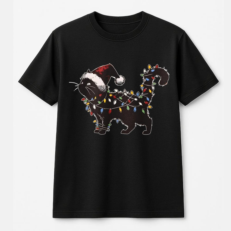 Humorous Holiday Kitten Graphic Tee, Black Cat Christmas Lights T-Shirt, Xmas Cat Lover Shirt, Adorable Christmas Pet Owner Present