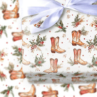 Cowboy Boots Holiday Gift Wrap, Western Christmas Wrapping Paper, Rustic Country Xmas Gift Wrapping Paper, Winter Holly Present Paper Roll