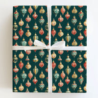 Retro Christmas Ornament Gift Wrap, Vintage Ornament Wrapping Paper, Classic Dark Green Wrapping Paper, Holiday Present Gift Wrap Roll