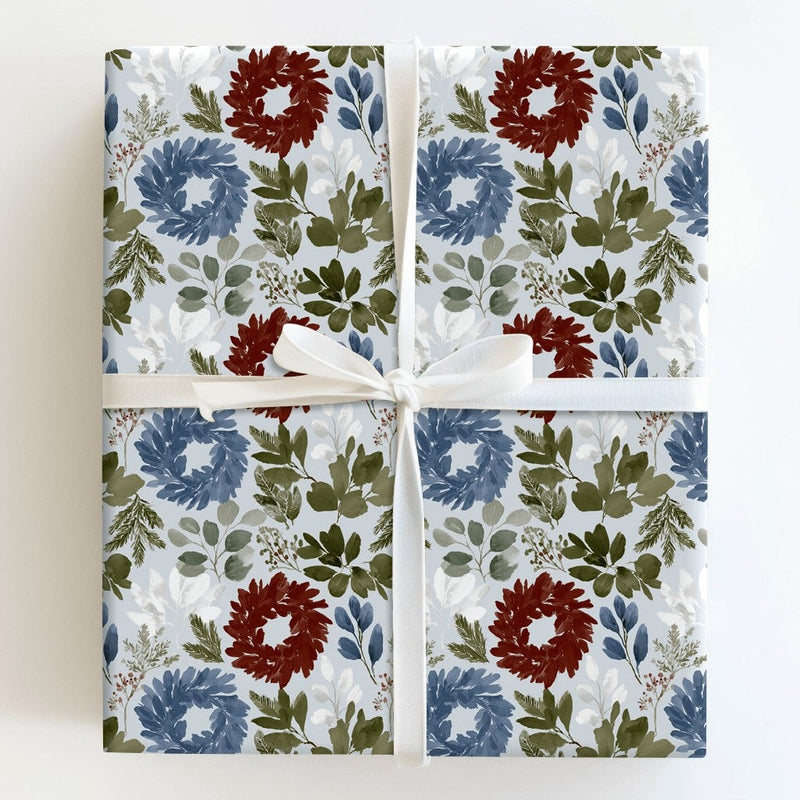 Red and Blue Holiday Wrapping Paper, Watercolor Wreath Christmas Wrapping Paper, Botanical Wreath Gift Wrap, Winter Wrapping Paper Roll