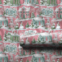 Pastel House Holiday Gift Wrap, Pink Winter Village Wrapping Paper, Whimsical Snowman Christmas Wrapping Paper, Comfy Winter Gift Wrap