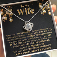 14k White Gold Finish Pendant, Wife Love Knot Necklace, Sentimental Message Card Jewelry, Romantic Christmas Anniversary Present for Her