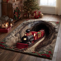 Christmas Optical Illusion Floor Mat, Holiday Tunnel Ride Area Rug, Festive Holiday Room Decor, Vibrant Non-Slip Winter Season Rug