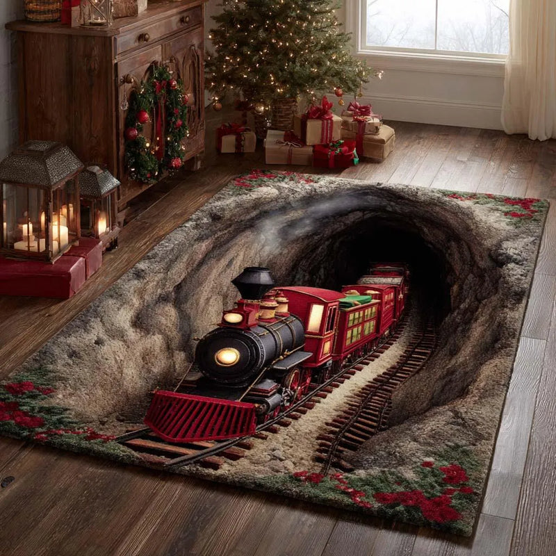 Christmas Optical Illusion Floor Mat, Holiday Tunnel Ride Area Rug, Festive Holiday Room Decor, Vibrant Non-Slip Winter Season Rug