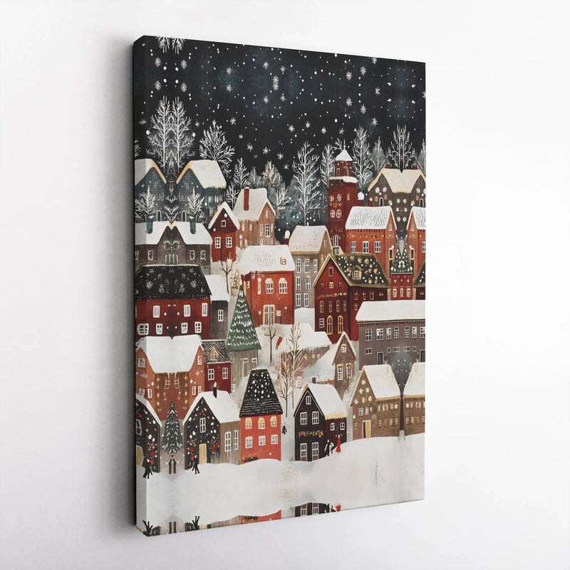 Snowy Night Town Scenery Canvas Print, Winter Village Canvas Wall Art, Comfy Christmas Wall Art, Holiday Landscape Canvas, Winter Home Decor