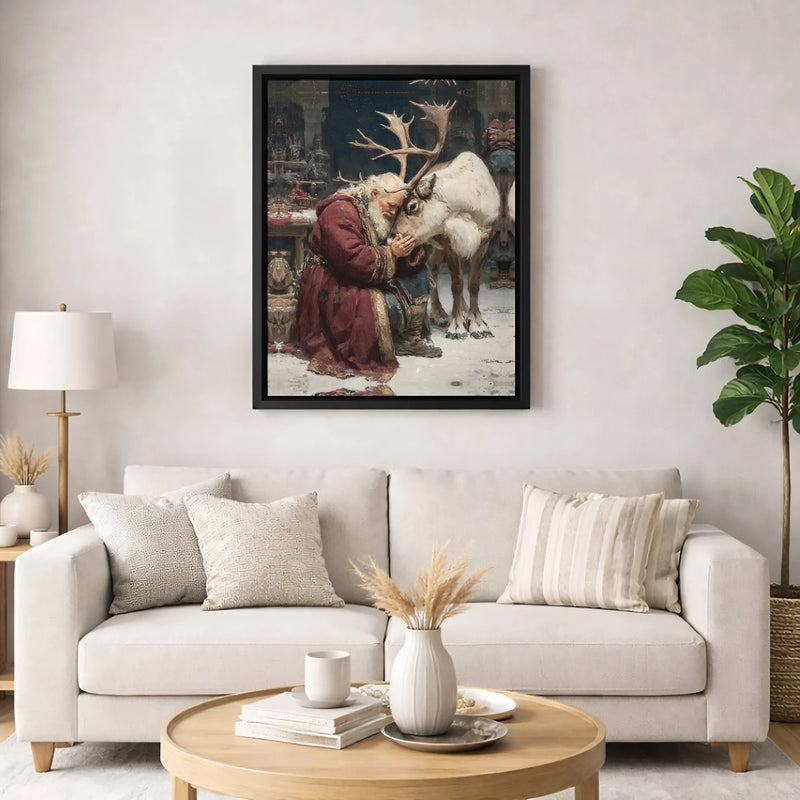 Whimsical Christmas Canvas Print, Vintage Santa and Reindeer Canvas Wall Art, Holiday Santa Claus Wall Art, Christmas Home Decor Present
