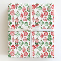Christmas Ornament Gift Wrap, Watercolor Tree Wrapping Paper, Holly Berry Holiday Wrapping Paper, Festive Winter Present Wrapping Paper