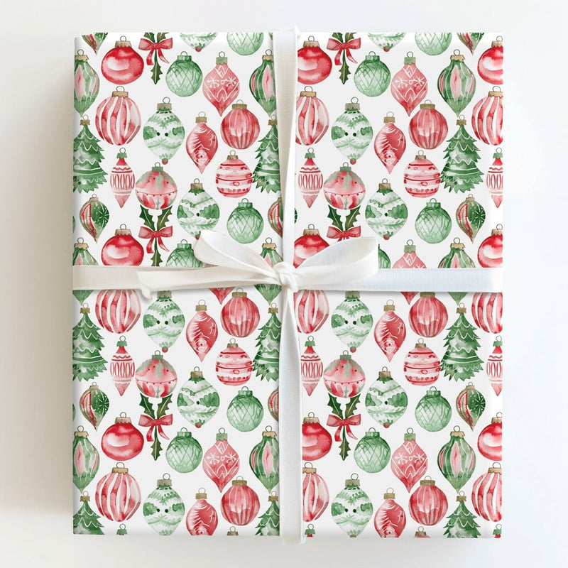 Christmas Ornament Gift Wrap, Watercolor Tree Wrapping Paper, Holly Berry Holiday Wrapping Paper, Festive Winter Present Wrapping Paper