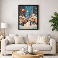 Impressionist Winter Village Canvas Print, Snowy Christmas Market Canvas Wall Art, Comfy Holiday Canvas Decor, Digital Download Art