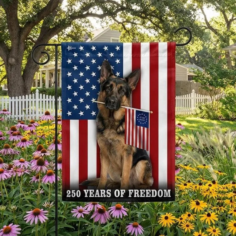 German Shepherd American Flag Garden Flag | 250 Years of Freedom Patriotic Design | Double-Sided Weather-Resistant Polyester | Dog Lovers Gift