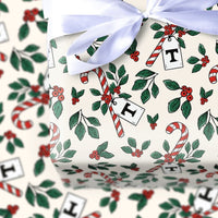 Candy Cane Holly Gift Wrapping Paper, Letter T Monogram Wrapping Paper, Personalized Initial T Christmas Gift Wrap, Holiday Gift Wrap Roll