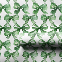 Watercolor Ribbon Bow Gift Wrap, Green Bows Wrapping Paper, Aesthetic Green Bow Gift Wrap, Christmas Holiday Wrapping Paper