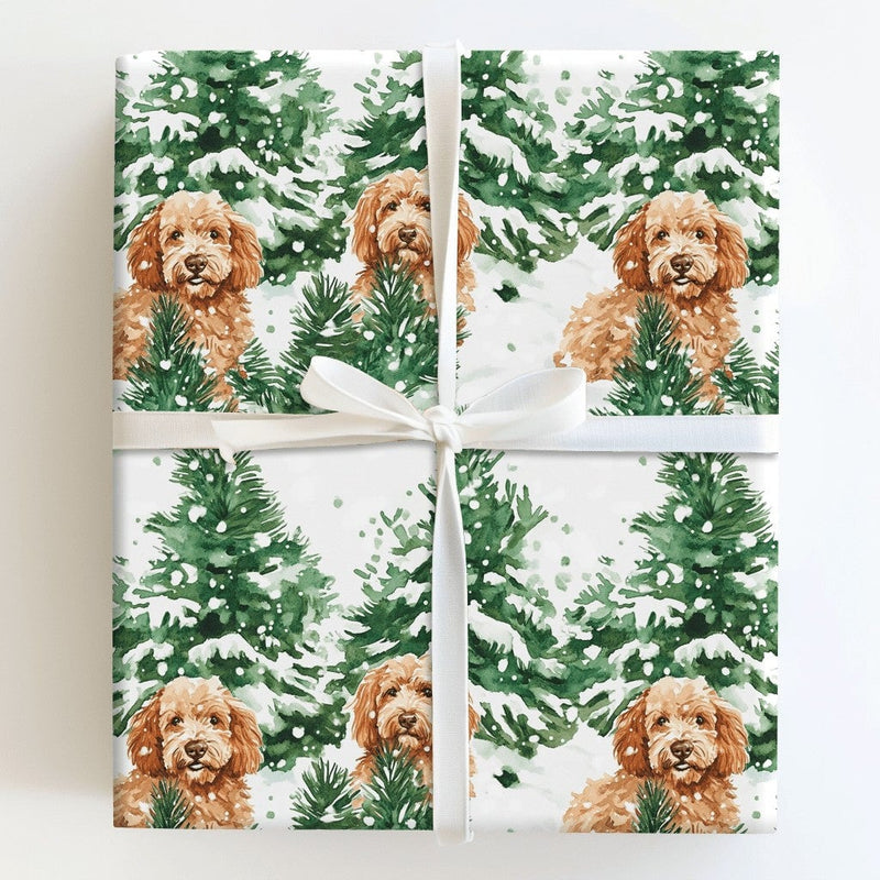 Watercolor Winter Dog Gift Wrap, Goldendoodle Christmas Wrapping Paper, Snowy Pine Forest Wrapping Paper, Doodle Dog Gift Wrapping Paper