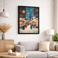 Impressionist Winter Village Canvas Print, Snowy Christmas Market Canvas Wall Art, Comfy Holiday Canvas Decor, Digital Download Art