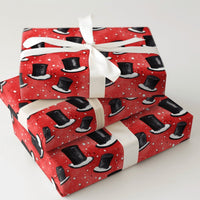 Festive Red Winter Gift Wrap, Snowy Black Top Hats Christmas Wrapping Paper, Classic Snowfall Top Hat Wrapping Paper, Holiday Gift Wrap Roll