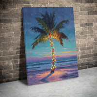 Festive Beach Sunset Canvas Print, Tropical Christmas Palm Tree Wall Art, Coastal Holiday Wall Art, Digital Download, Printable Beach Decor