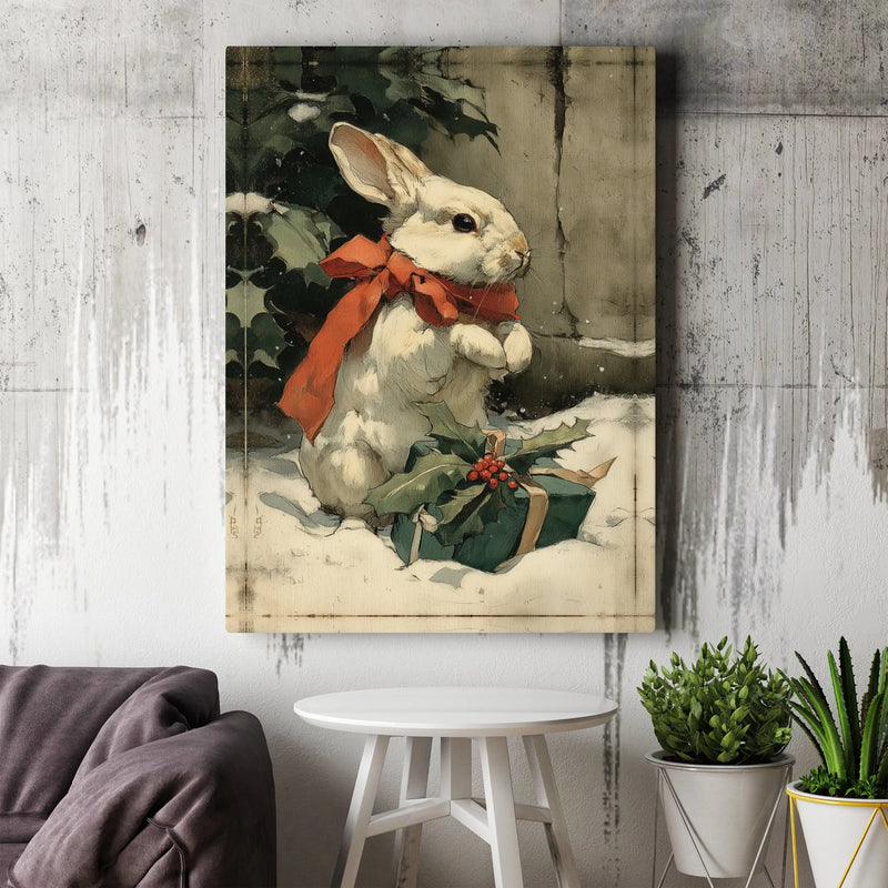 Whimsical Bunny Canvas Print, Vintage Christmas Rabbit Canvas Wall Art, Holiday Bunny with Red Bow Canvas, Comfy Xmas Home Decor Present