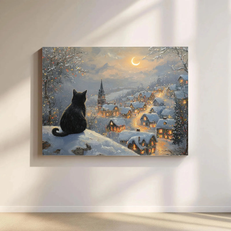 Snowy Winter Village Cat Canvas Print, Black Cat Christmas Canvas Art, Holiday Wall Art Canvas, Adorable Festive Pet Lover Home Decor Present