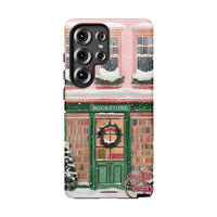 Comfy Winter Village Tough Phone Cover, Snowy Christmas Bookstore Phone Case for Samsung Galaxy, Holiday Library Phone Case