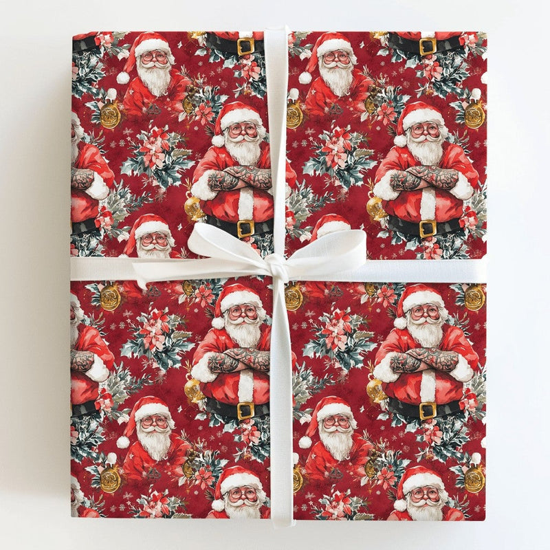 Hipster Santa Gift Wrap, Tattooed Santa Wrapping Paper, Edgy Christmas Wrapping Paper, Cool Claus Holiday Gift Wrap, Humorous Xmas Paper Roll