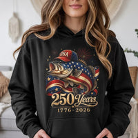 USA 250 Years Bass Fish Hoodie | Patriotic American Flag Fishing Art with Fireworks | Soft Cotton-Poly Blend Comfort | Gift for Fishing and Americana Fans