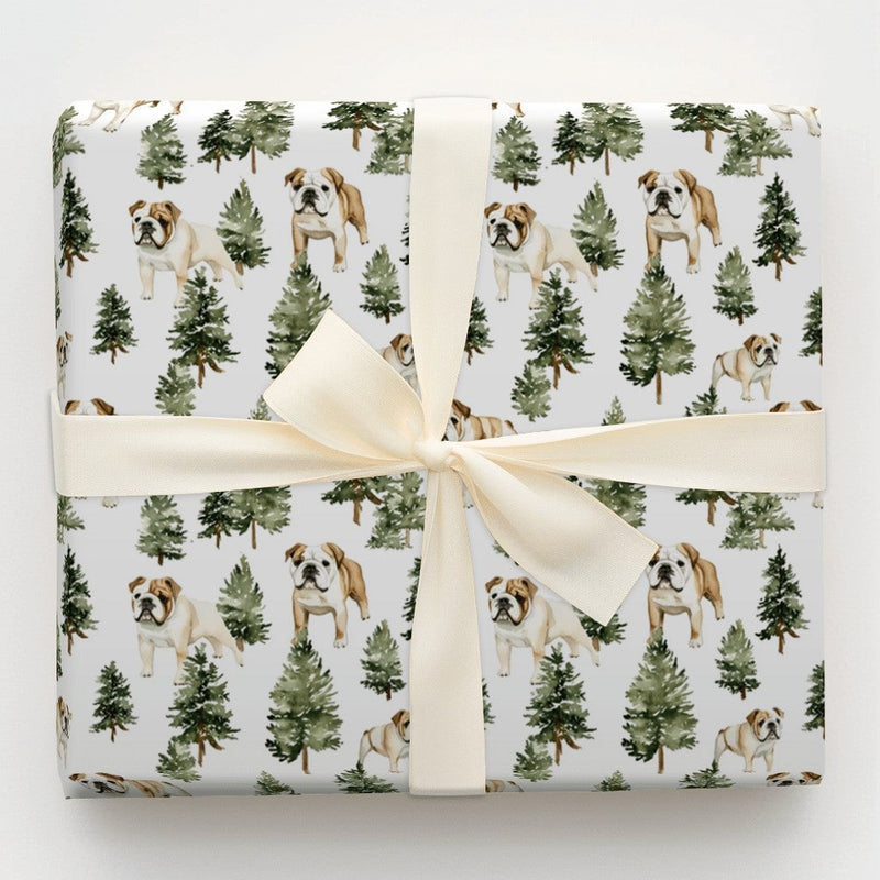 Dog Holiday Wrapping Paper, English Bulldog Christmas Wrapping Paper, Pine Tree Winter Gift Wrap, Bulldog Gift Wrap, Present for Dog Lovers