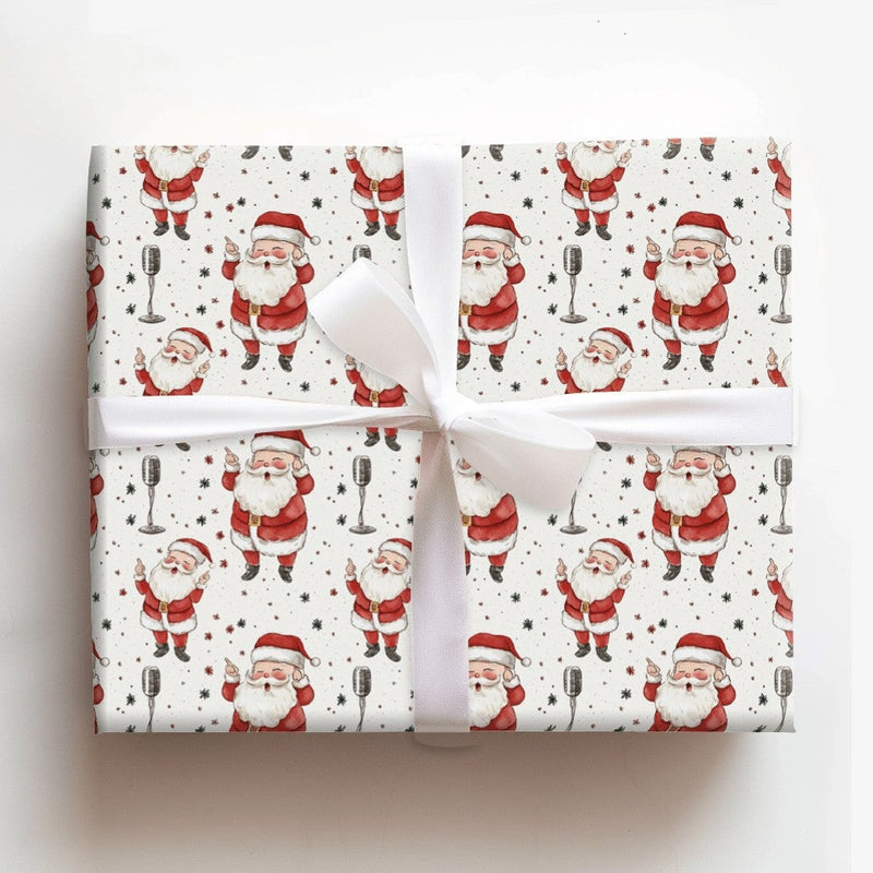Dancing Musical Santa Holiday Gift Wrap, Rockstar Santa Christmas Wrapping Paper, Retro Microphone Gift Wrapping Paper, Fun Xmas Roll Wrap