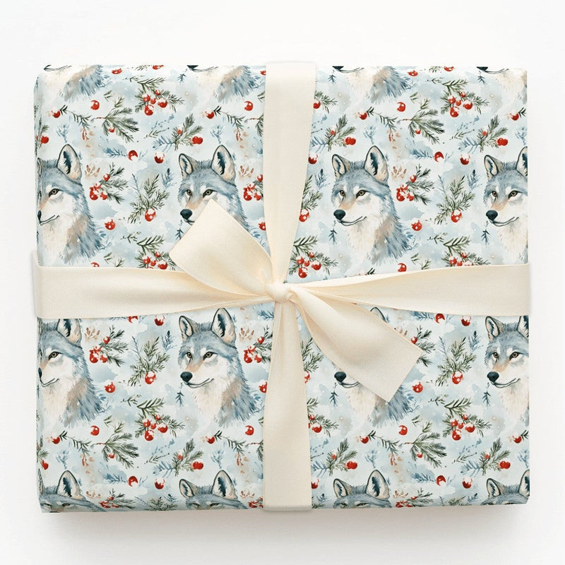 Christmas Wolves Gift Wrapping Paper, Watercolor Winter Wolf Wrapping Paper, Rustic Wildlife Present Wrap, Holiday Evergreen Gift Wrap Roll