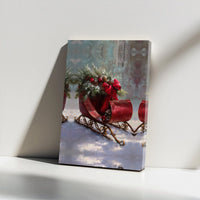 Red Sleigh Pine Garland Wall Art, Vintage Christmas Sleigh Canvas Print, Rustic Holiday Sleigh Canvas, Winter Sleigh Wall Decor
