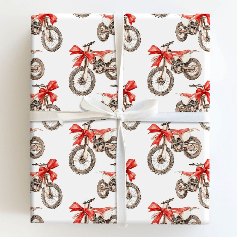 Dirt Bike with Bow Holiday Gift Wrap, Motocross Christmas Wrapping Paper, Red Dirtbike Xmas Wrapping Paper, Biker Holiday Present Paper Roll