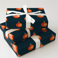 Navy Blue Holiday Gift Wrap, Orange Ornaments Christmas Wrapping Paper, Watercolor Baubles Wrapping Paper, Winter Season Present Wrap