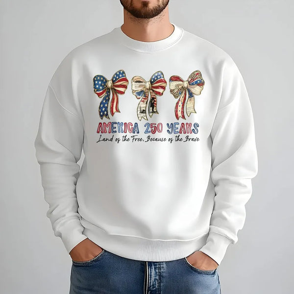 America 250 Years Patriotic Bow Sweatshirt | Vintage Americana Flag Bows Land of the Free Design | Soft Cotton Polyester Blend | 4th of July Gift for Patriots