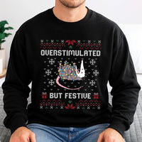 Overstimulated Festive Possum Holiday Sweater, Opossum Ugly Christmas Sweatshirt, Humorous Sarcastic Xmas Crewneck