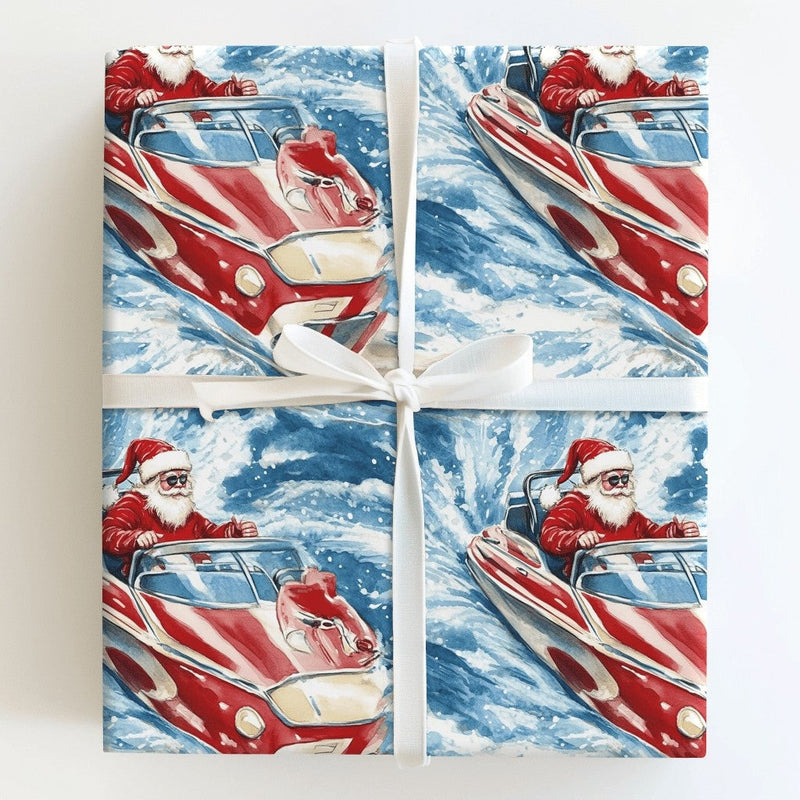 Humorous Nautical Christmas Gift Wrap, Santa in Speedboat Wrapping Paper, Boating Santa Present Paper, Coastal Holiday Gift Wrapping Paper