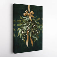 Botanical Christmas Canvas Print, Festive Mistletoe Canvas Wall Art, Holiday Greenery Wall Decor, Winter Gold Bow Canvas, Holiday Xmas Present