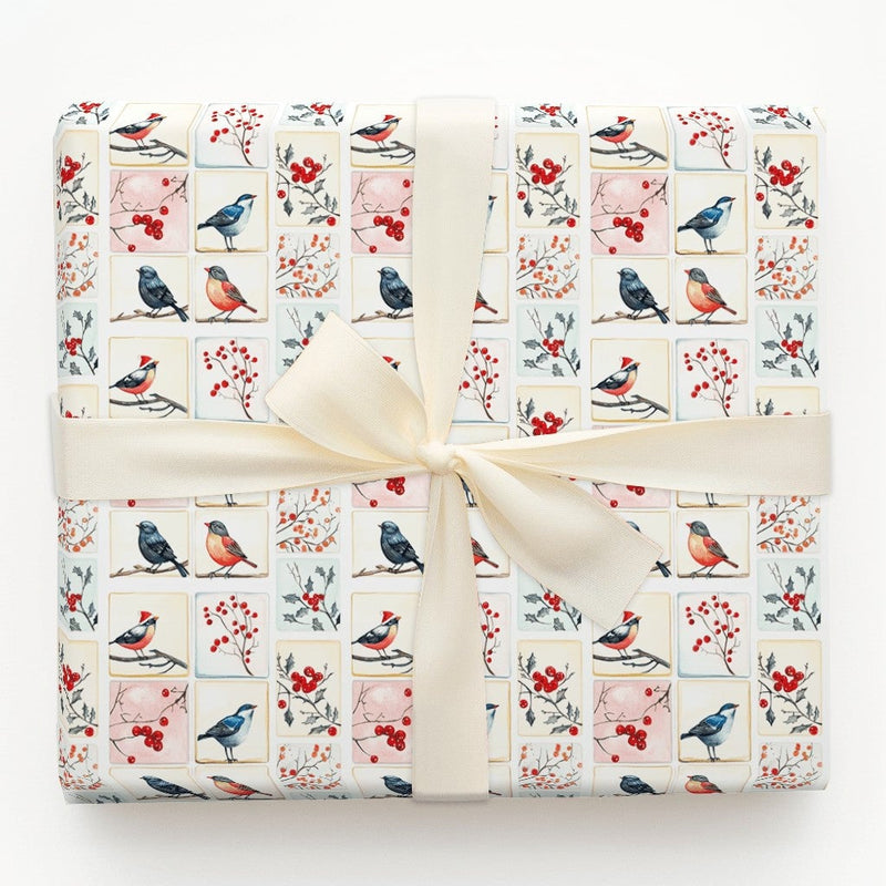 Watercolor Holiday Gift Wrap, Winter Bird Christmas Wrapping Paper, Festive Bird Tile Wrapping Paper, Nature Lover Xmas Wrapping Paper