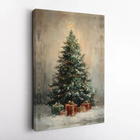 Vintage Holiday Presents Canvas Print, Rustic Christmas Tree Canvas Art, Farmhouse Xmas Pine Tree Canvas, Festive Seasonal Home Decor Present